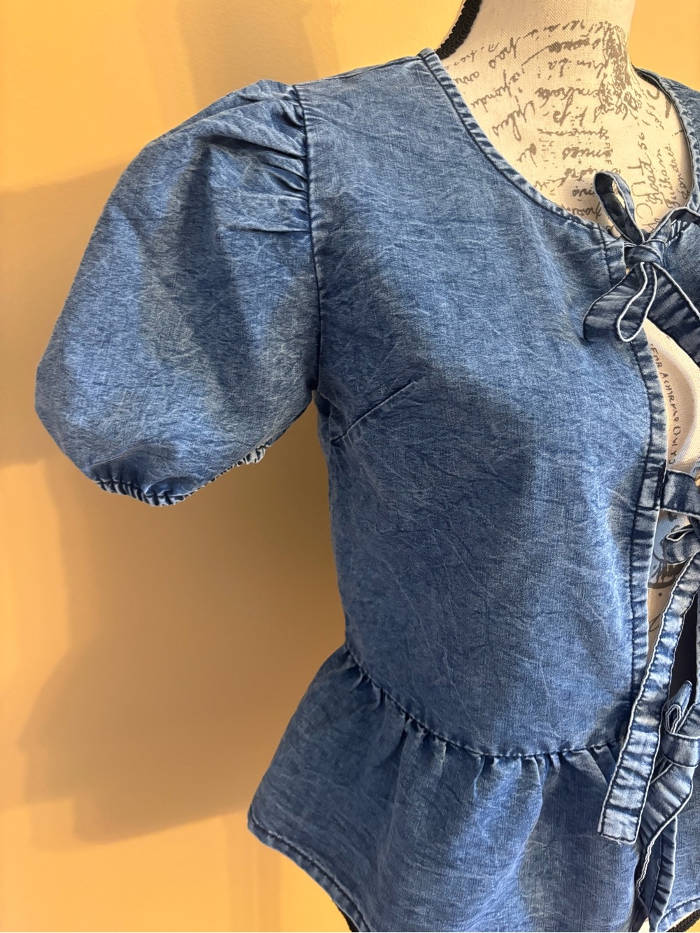 Sim & Sam Tie-Front Peplum Blouse with Puff Sleeves - Picture 4 of 6